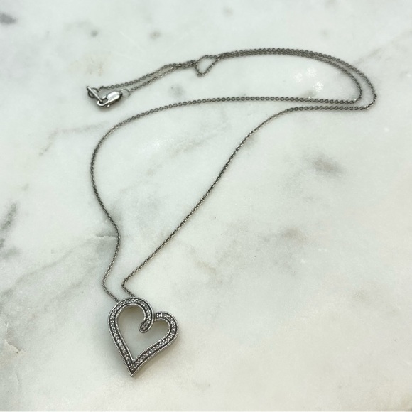 Silver & Diamond Open Heart Charm Pendant Necklace on Sterling Link Chain - Picture 4 of 14